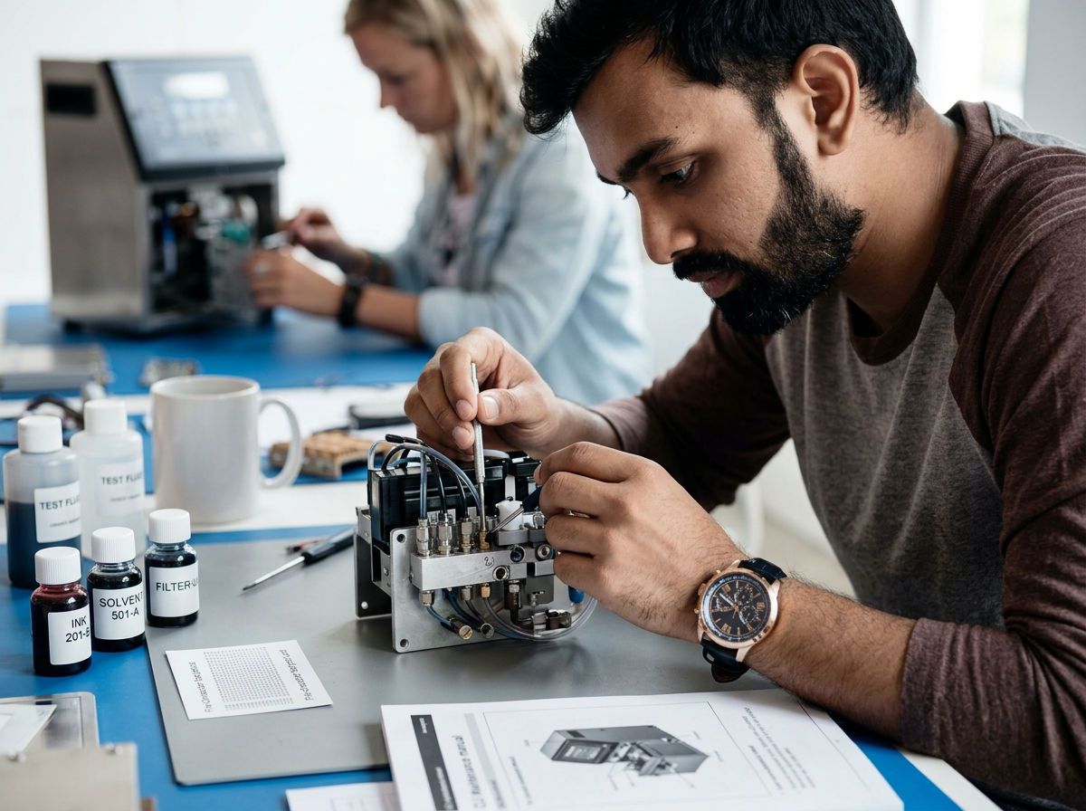 Técnico da Procoding realizando assistência técnica em impressora inkjet industrial